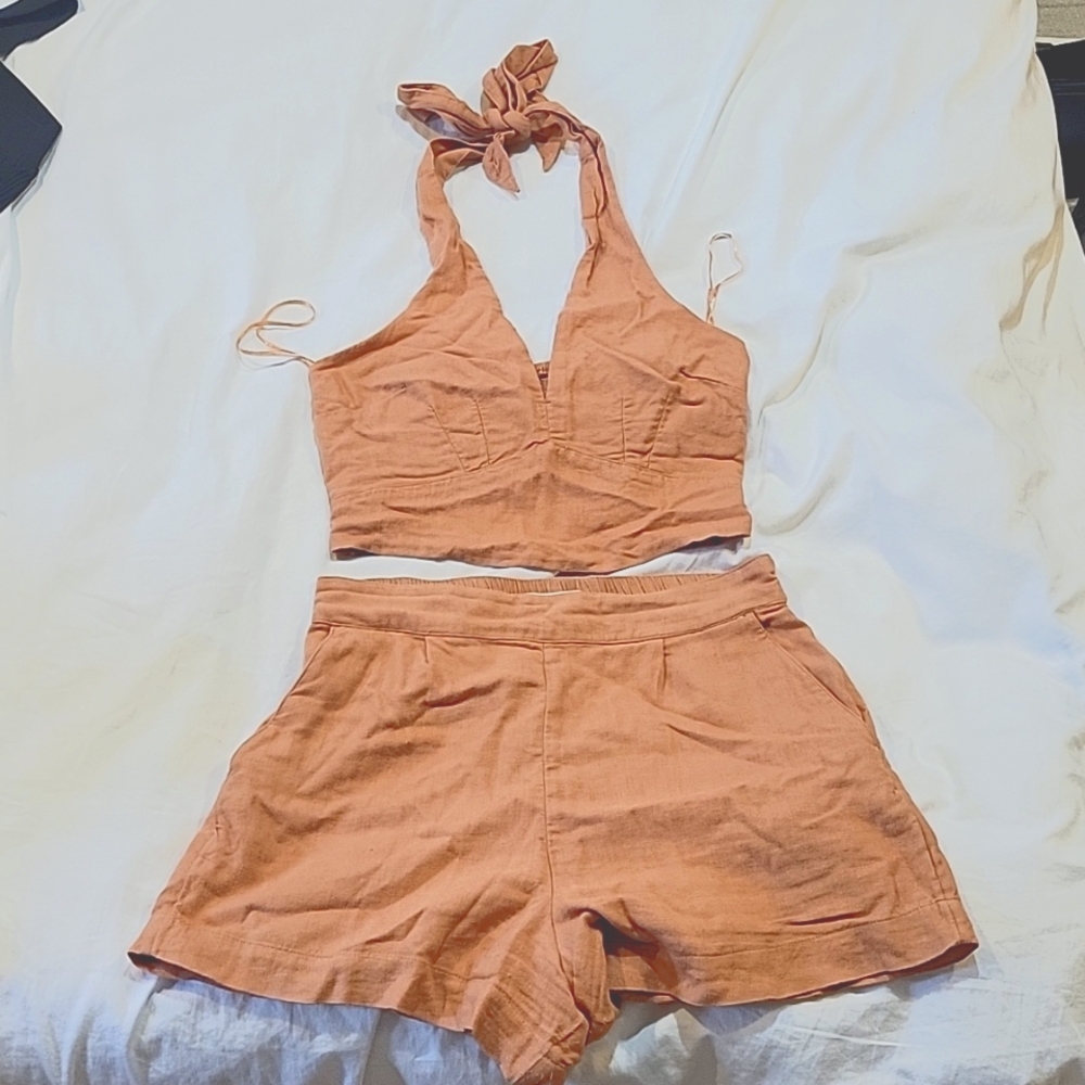 Tangerine linen  halter and shorts set